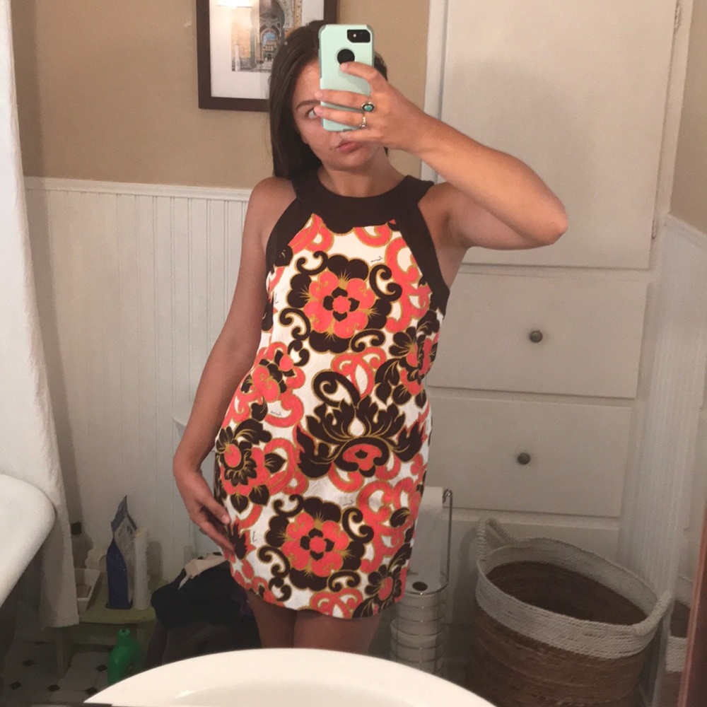 Retro circle neck brown and pink mini dress